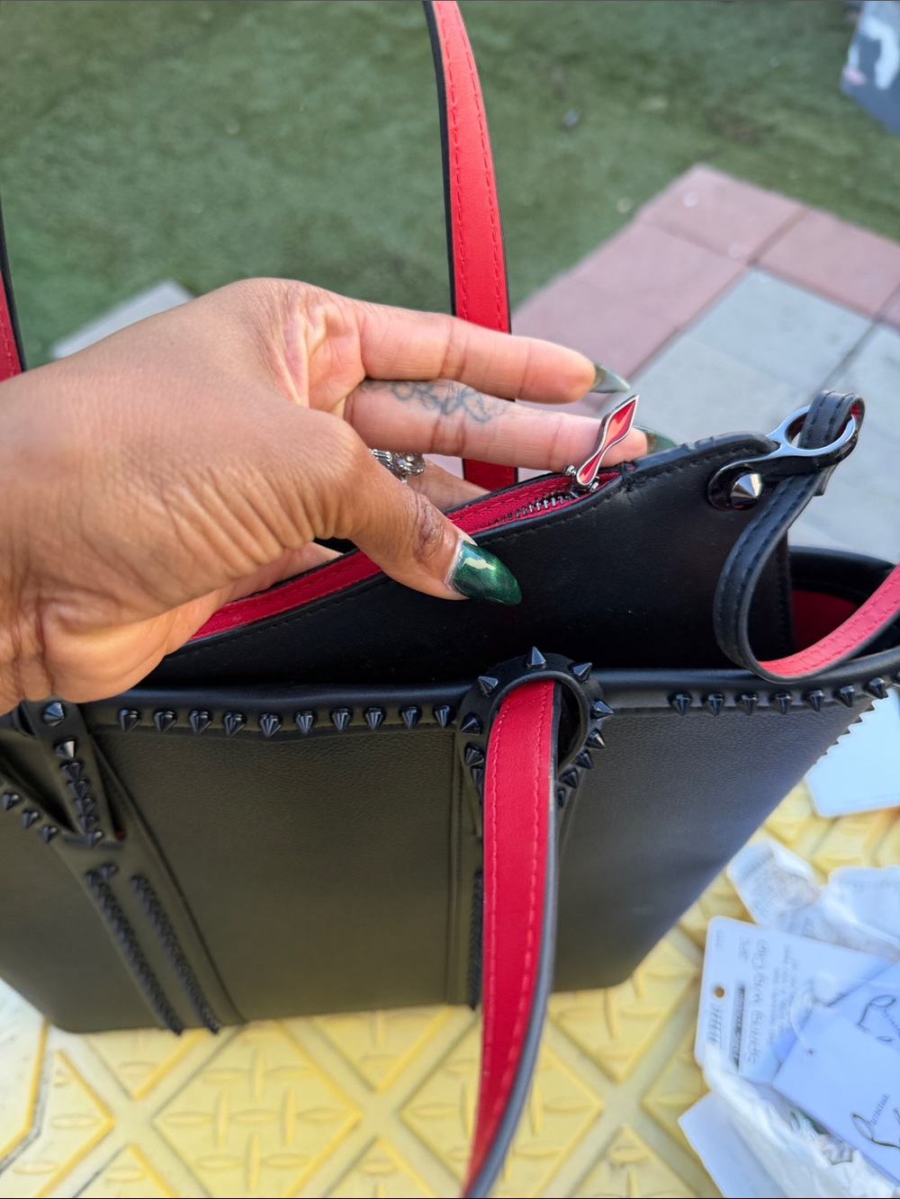 Christian Louboutin Black Tote with Red Trim and Stud Accents - Picture 3 of 5